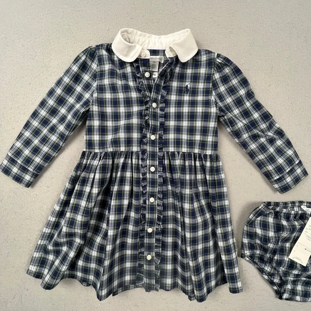 Ralph Lauren Plaid Dress Set Kids 18M Navy Green Ruffle Peter Pan Collar Preppy